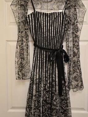 Black and White Striped Floral Overlay Dress with Satin Belt